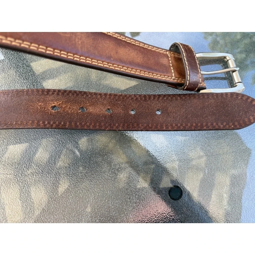 Mens Brown Genuine Leather Double Stitched Belt Size 40 Silver Buckle Distressed
